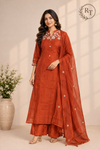 Burnt Orange Floral Mull Chanderi A-Line Set (RT1462)