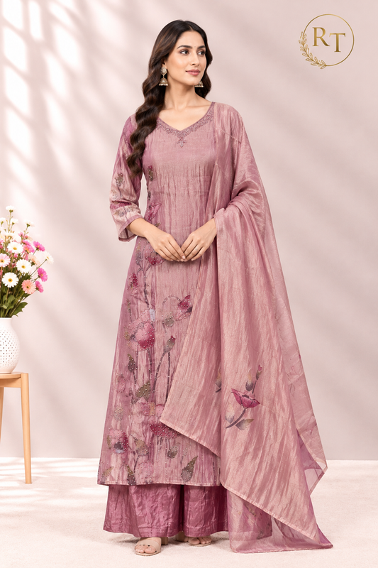 Dusty Rose Floral Embellished Salsa A-Line Suit Set with Dupatta (RT1637)