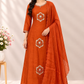Rust Orange Floral Embroidered Premium Mull Chanderi A-Line Suit Set (RT1601)