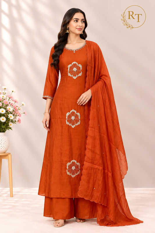 Rust Orange Floral Embroidered Premium Mull Chanderi A-Line Suit Set (RT1601)