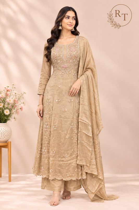 Beige Embroidered Chinon Anarkali 3 Piece Suit Set (RT1551)