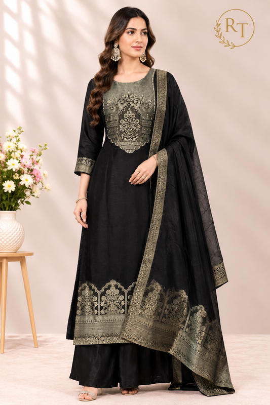 Midnight Royale – Premium Benaras Straight Cut 3 Piece Suit Set (RT1701)