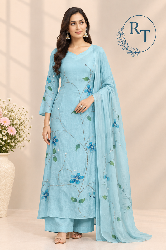 Sky Blue Blossom Embroidered A-Line Suit Set (RT1612)