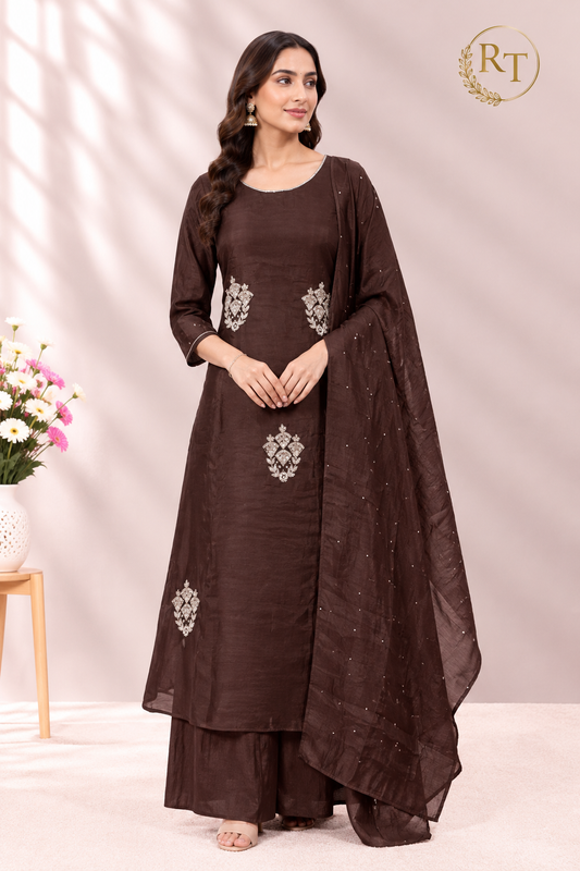 Chocolate Charm – Premium Mull Chanderi A-Line 3 Piece Suit Set (RT1654)