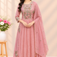 Dusty Rose Floral Embroidered Poly Mull Chanderi A-Line Suit Set (RT1694)