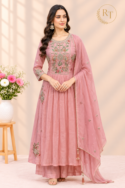 Dusty Rose Floral Embroidered Poly Mull Chanderi A-Line Suit Set (RT1694)