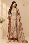 Beige & Brown Floral Printed Benaras Straight Cut 3-Piece Suit Set (RT1591)