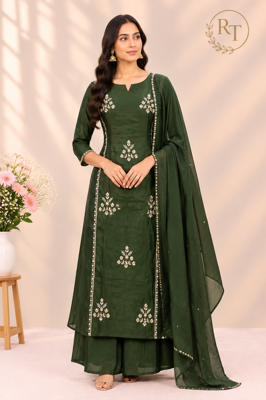 Forest Grace – Premium Mull Chanderi A-Line 3 Piece Suit Set (RT1657)