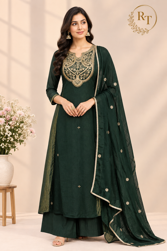 Emerald Heritage Mull Chanderi A-Line Embroidered Suit Set (RT1554)