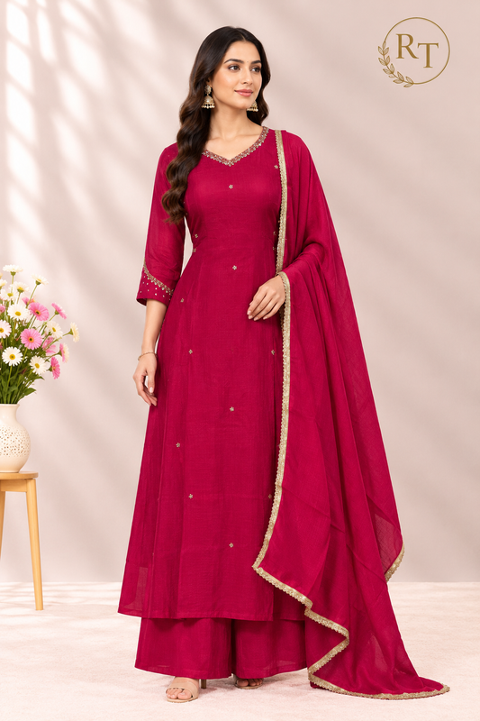 Elegant Fuchsia Mull Chanderi A-Line Suit Set (RT1633)