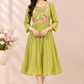 Lime Green Chanderi Flared Frock with Deer & Floral Embroidery (RT1681)