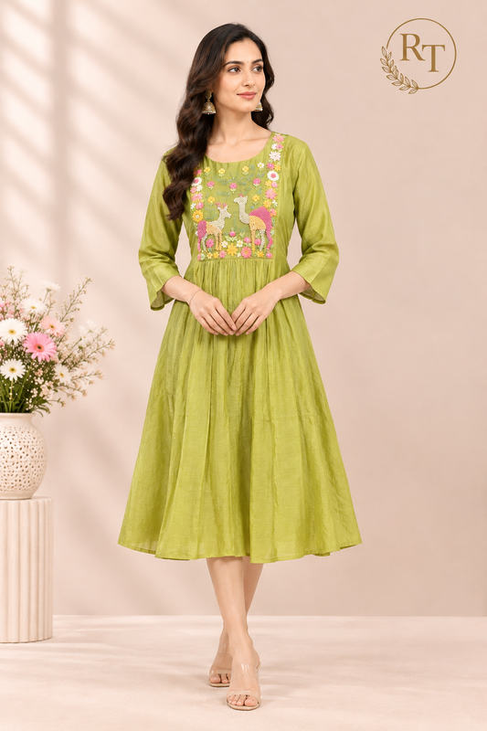 Lime Green Chanderi Flared Frock with Deer & Floral Embroidery (RT1681)