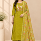 Lime Green Mull Chanderi Straight Cut 3-Piece Set with Bird & Floral Embroidery (RT1687)
