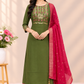 Olive Green Embroidered HO Fabric Straight Cut Suit Set (RT1693)