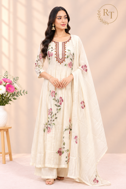 Ivory Bloom Floral Embroidered Premium Mull Chanderi Anarkali Suit Set (RT1674)