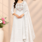 Ivory White Floral Embroidered Mull Chanderi A-Line Suit Set (RT1672)