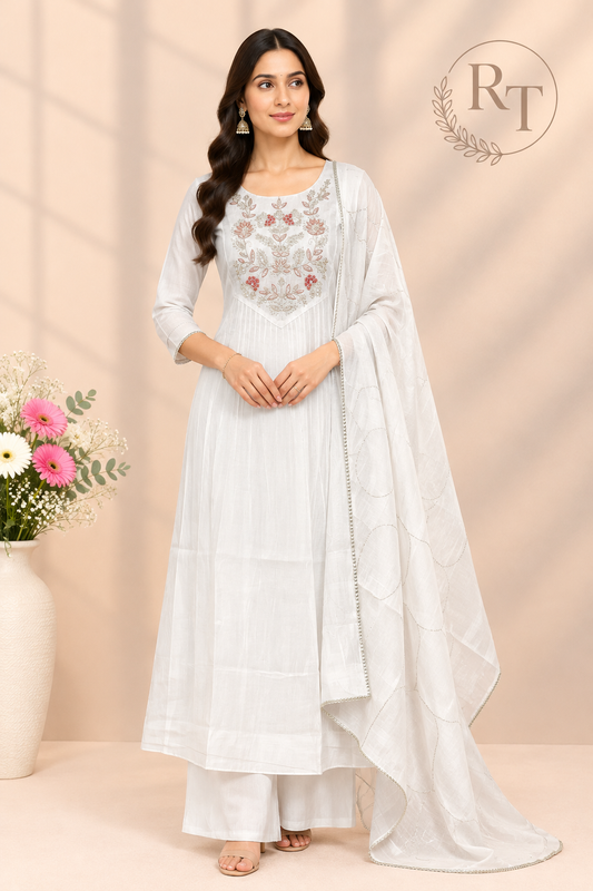 Ivory White Floral Embroidered Mull Chanderi A-Line Suit Set (RT1672)