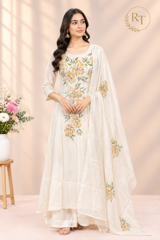 Ivory Golden Garden Floral Embroidered Premium Mull Chanderi Anarkali Suit Set (RT1675)