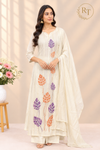 Ivory Autumn Leaf Motif Embellished Premium Mull Chanderi Anarkali Suit Set (RT1676)