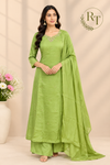 Lime Green Mull Chanderi Embroidered A-Line Suit Set (RT1662)