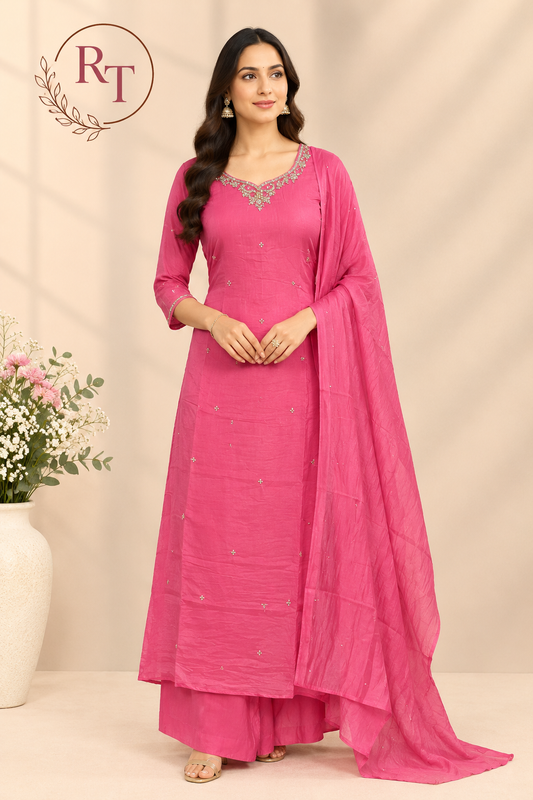 Pink Radiance Mull Chanderi Embroidered A-Line Suit Set (RT1663)
