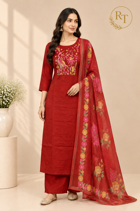 Orange Mull Chanderi Straight Cut 3-Piece Set with Embroidered Yoke & Floral Dupatta (RT1688)