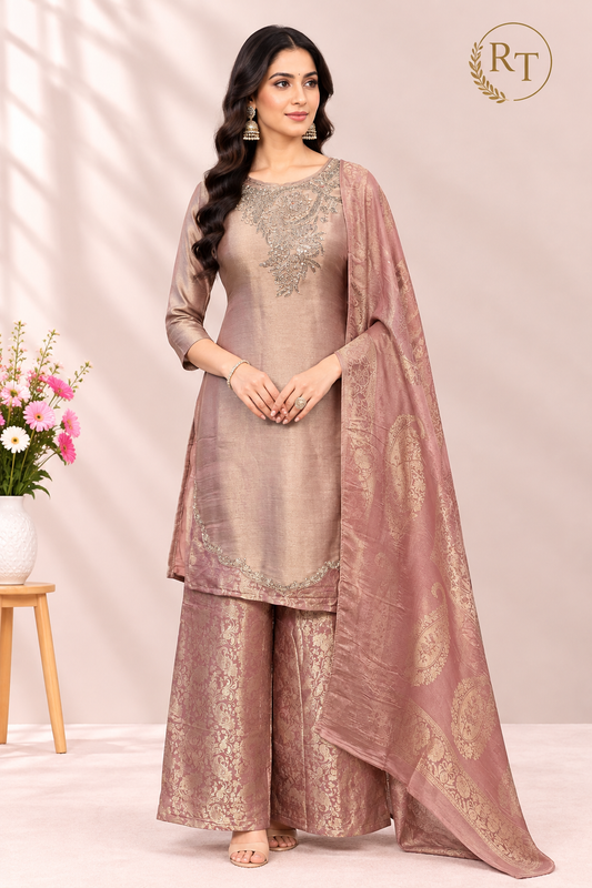 Mauve Royal Elegance – Premium Benaras Straight Cut 3 Piece Suit Set (RT1702)