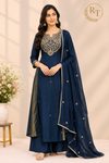 Midnight Navy Royale Mull Chanderi A-Line Embroidered Suit Set (RT1553)