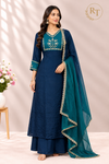 Navy Teal Elegance Chinon Embroidered A-Line Suit Set (RT1630)