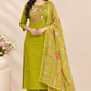 Lime Green Mull Chanderi Straight Cut 3-Piece Set with Floral Embroidery (RT1690)