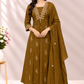 Olive Brown Floral Embroidered Coral Silk A-Line Suit Set (RT1639)