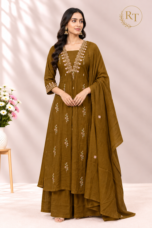 Olive Brown Floral Embroidered Coral Silk A-Line Suit Set (RT1639)