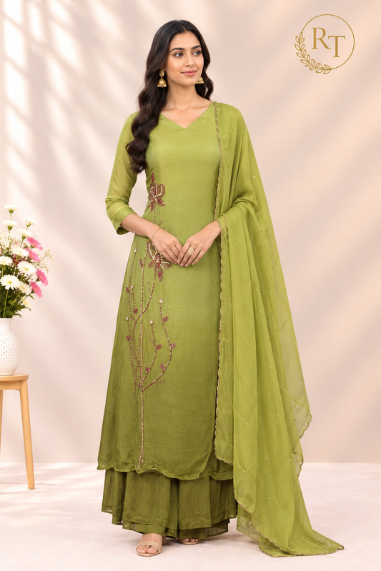 Olive Meadow Elegance – Premium Chinon A-Line 3 Piece Suit Set (RT1659)