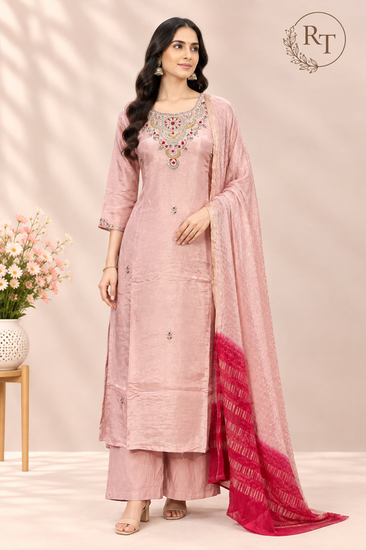 Blush Pink Shimmer Embroidered Straight Suit Set (RT1559)
