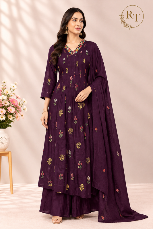 Plum Garden Grace – Premium Mull Chanderi Collar Neck A-Line Suit Set (RT1585)