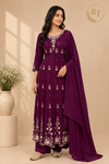 Wine Plum Floral Embroidered Chinon Anarkali Suit Set (RT1590)