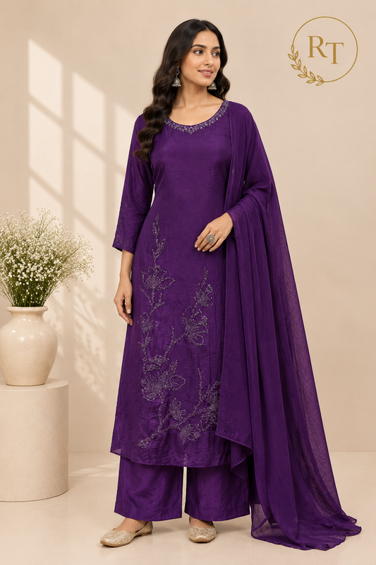 Royal Purple Embroidered Chinon A-Line Suit Set (RT1588)