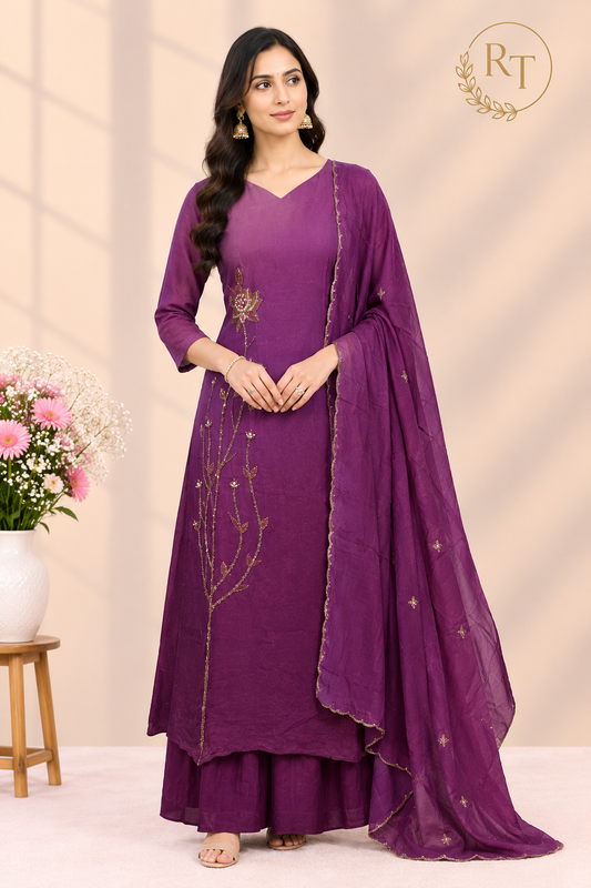 Royal Plum Charm – Premium Chinon A-Line 3 Piece Suit Set (RT1660)