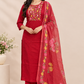 Red Mull Chanderi Straight Cut 3-Piece Set with Floral Embroidered Yoke & Printed Dupatta (RT1689)