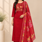 Red Mull Chanderi Straight Cut 3-Piece Set with Floral Bird Embroidery & Printed Dupatta (RT1686)
