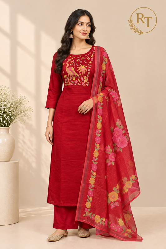 Red Mull Chanderi Straight Cut 3-Piece Set with Floral Bird Embroidery & Printed Dupatta (RT1686)