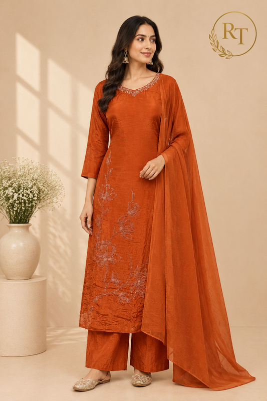 Rust Gul Embroidered Chinon A-Line Suit Set (RT1587)