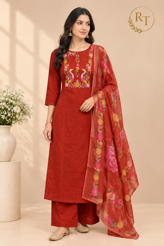 Rust Orange Mull Chanderi Straight Cut 3-Piece Set with Embroidered Yoke & Floral Dupatta (RT1685))