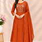 Rust Orange Floral Embroidered Mull Chanderi A-Line Suit Set (RT1671)