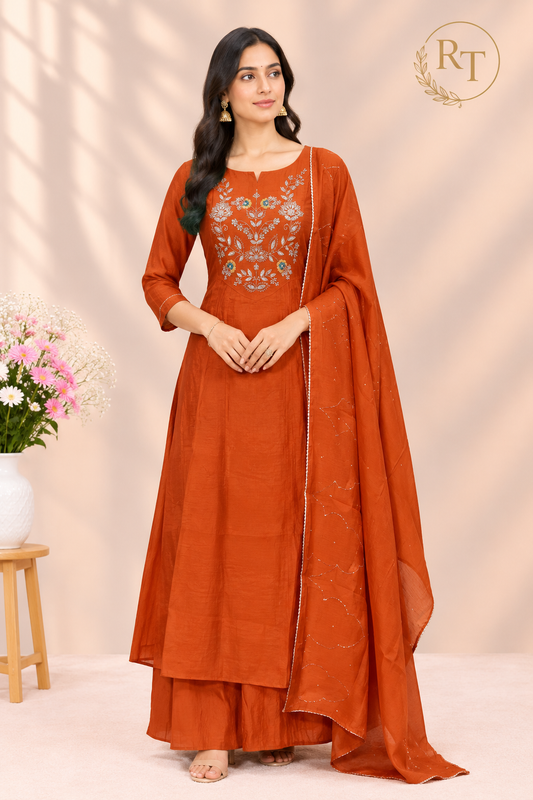 Rust Orange Floral Embroidered Mull Chanderi A-Line Suit Set (RT1671)