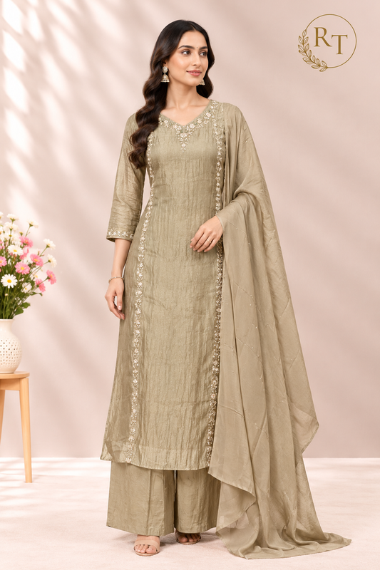 Elegant Sage Beige Embroidered Salsa A-Line Suit Set (RT1627)