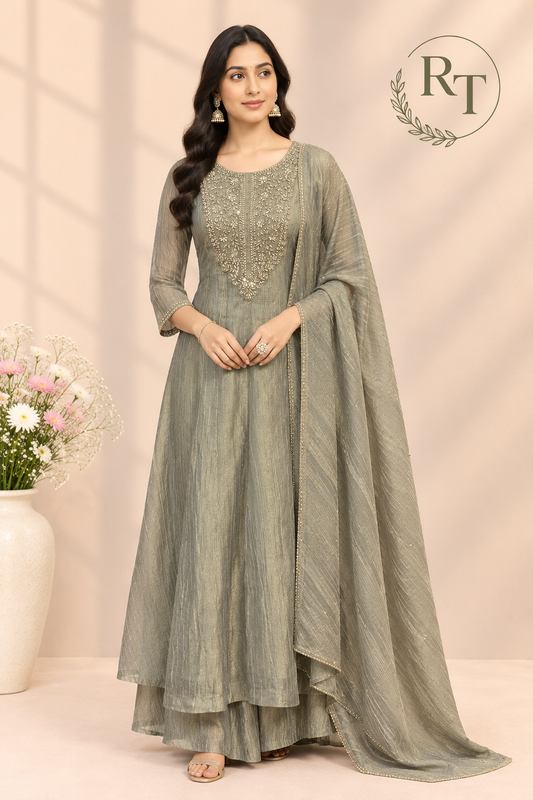 Sage Grey Embroidered A-Line Suit Set (RT1646)