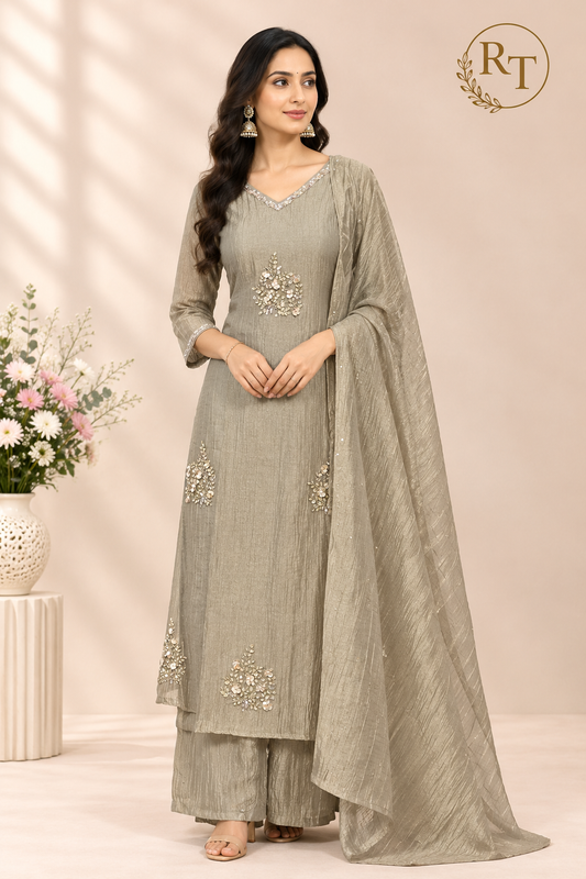 Sage Grey Embroidered Salsa A-Line Suit Set (RT1618)