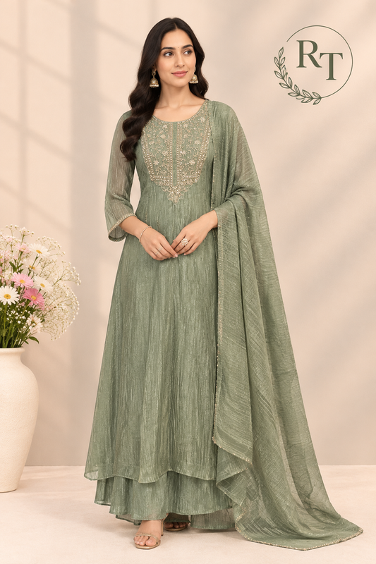 Sage Green Embroidered A-Line Suit Set (RT1648)