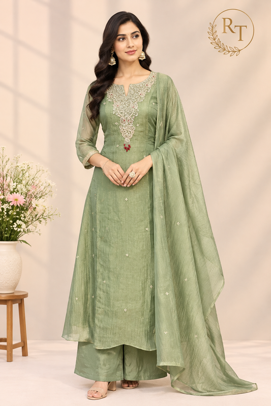 Golden Sage Salsa Embroidered A-Line Suit Set (RT1609)